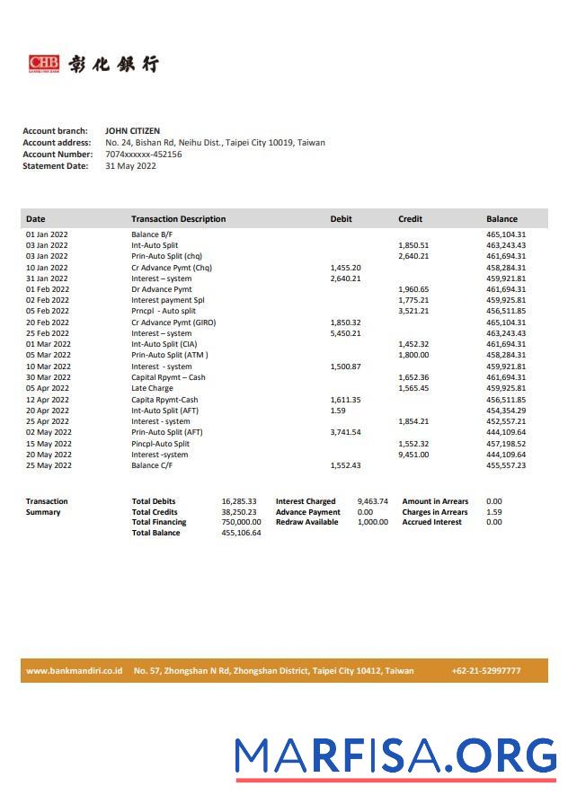 Downloadable Taiwan Chang Hwa bank statement word real example